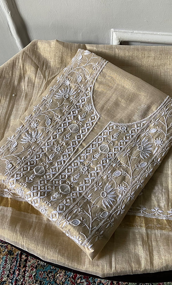 Women's Lakhnavi Handcrafted Tissue Chanderi Unstitched Chikankari Kurta And Dupatta Set - HONC0332073