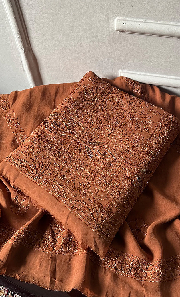 Women's Lucknowi Handcrafted Viscose Georgette Unstitched Chikankari Suit Material - HONC0325140