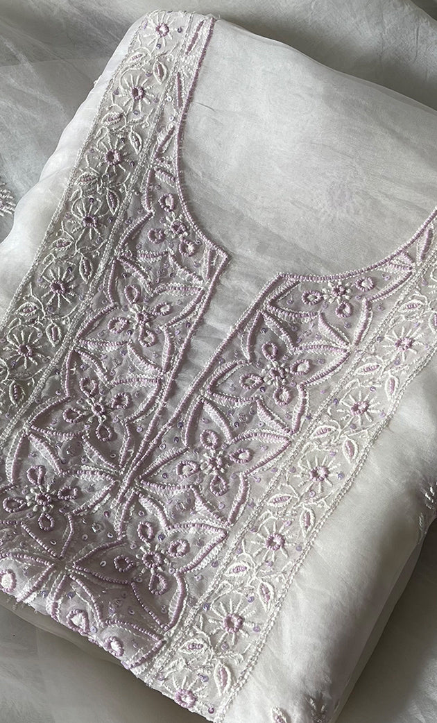 Women's Lakhnavi Handcrafted Pure Organza Chikankari Unstitched Kurta And Dupatta Set- HONC0288321