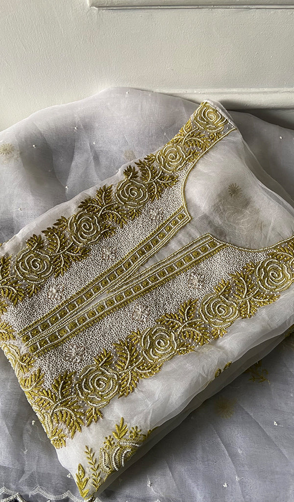 Women's Lakhnavi Handcrafted Pure Organza Chikankari Semi - Stitched  Kurta And Dupatta Set- HONC0341493