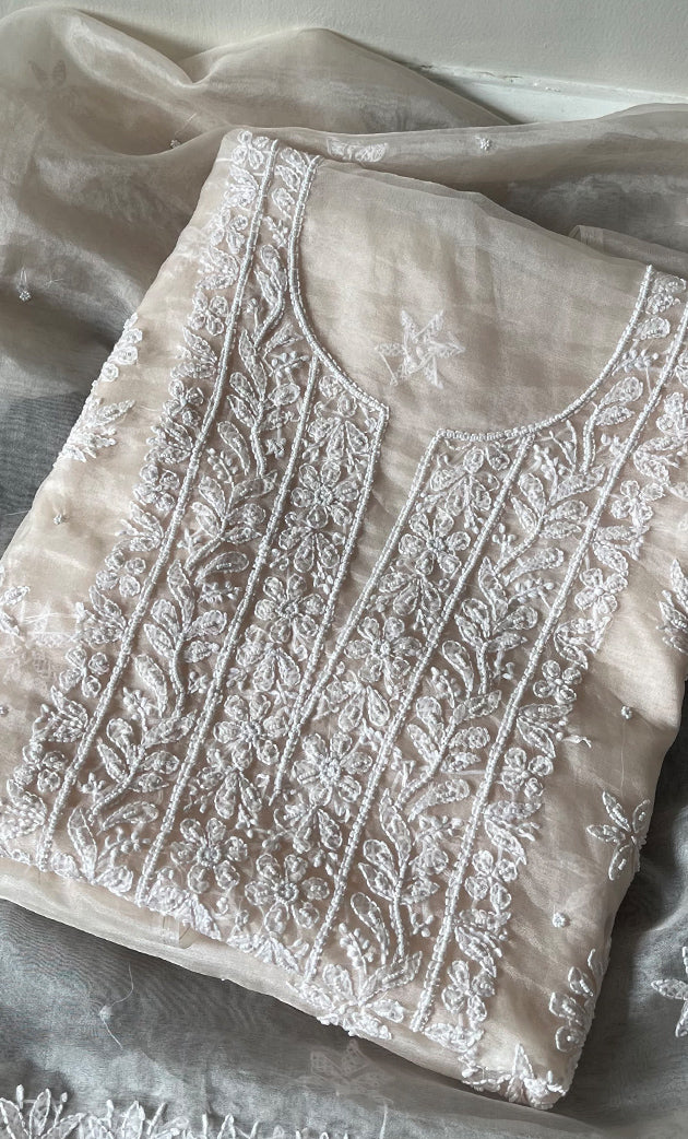 Women's Lakhnavi Handcrafted Organza Chikankari Unstitched Full Suit Material - HONC0284601