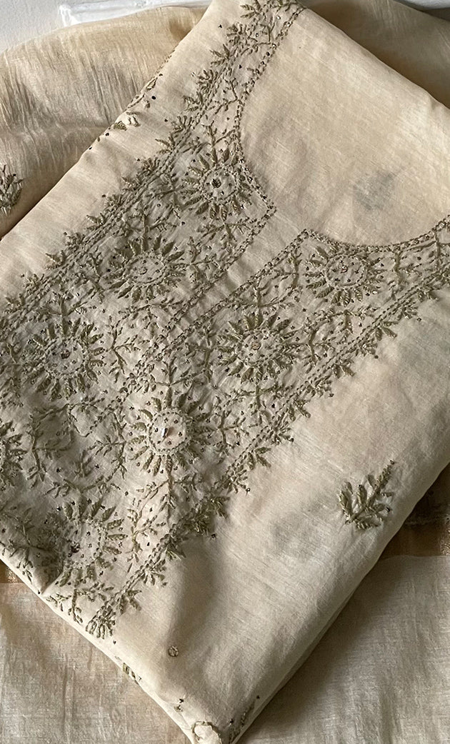 Women's Lakhnavi Handcrafted Mul Chanderi Unstitched Chikankari Full Suit Material - HONC0282287