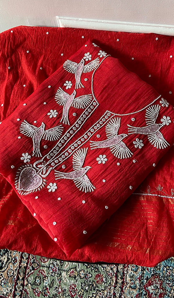 Chidiya Women's Lakhnavi Handcrafted Mul Chanderi Unstitched Kurta And Dupatta Set - HONC0365751