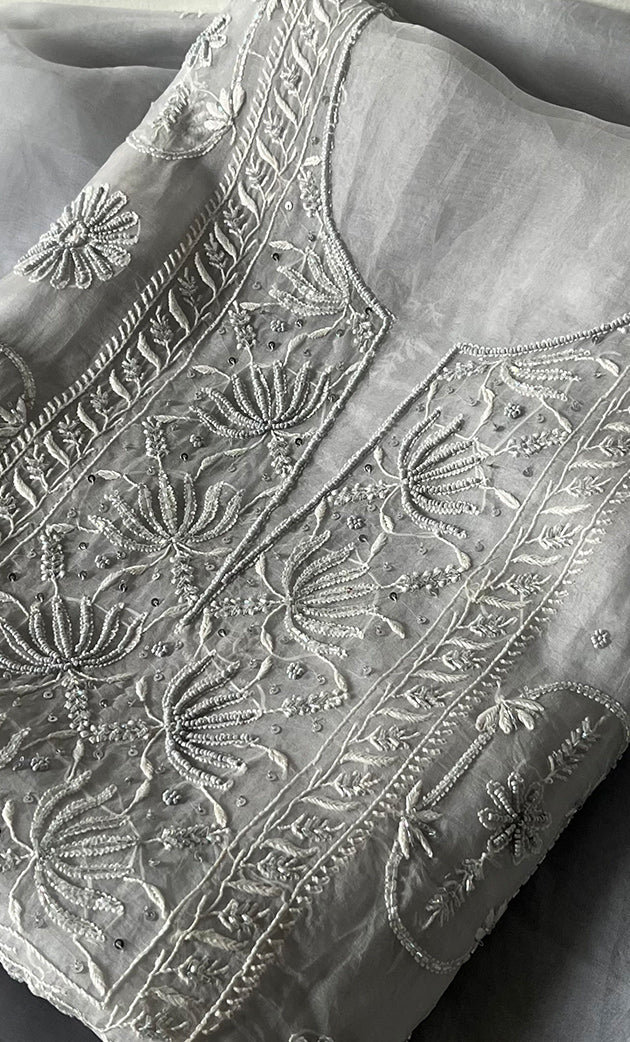 Women's Lakhnavi Handcrafted Pure Organza Chikankari Unstitched Kurta And Dupatta Set- HONC0311253