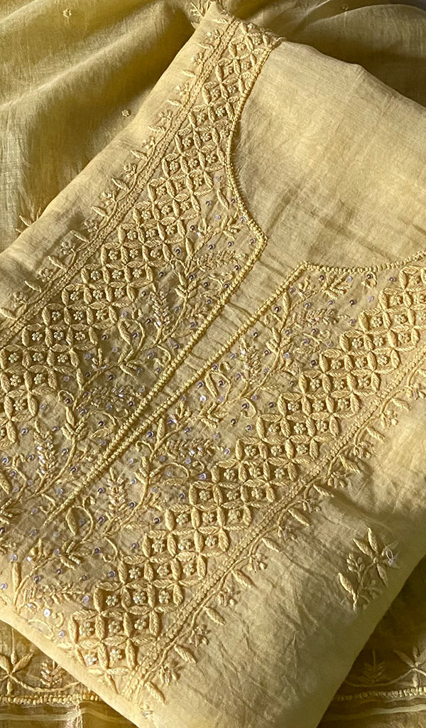 Women's Lakhnavi Handcrafted Mul Chanderi Unstitched Chikankari Full Suit Material - HONC0345051