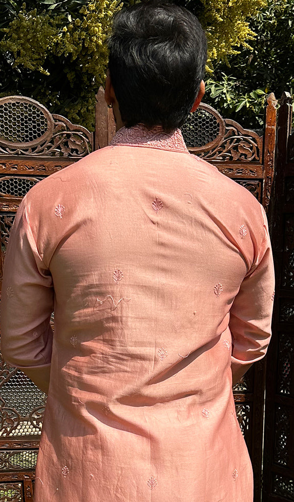 Men's Lucknowi Handcrafted Chanderi Chikankari Silk Kurta - HONC03224280