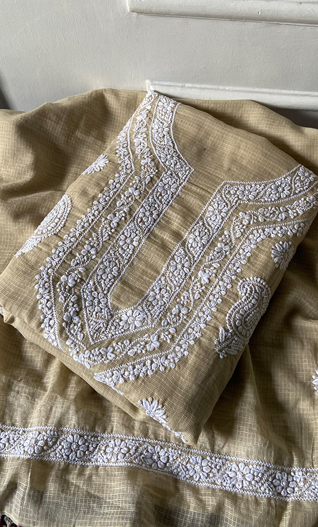 Women's Lucknowi Handcrafted Kota Cotton Chikankari Unstitched Kurta And Dupatta Set - HONC0340099