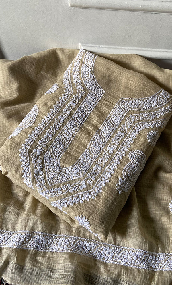 Women's Lucknowi Handcrafted Kota Cotton Chikankari Unstitched Kurta And Dupatta Set - HONC0340099