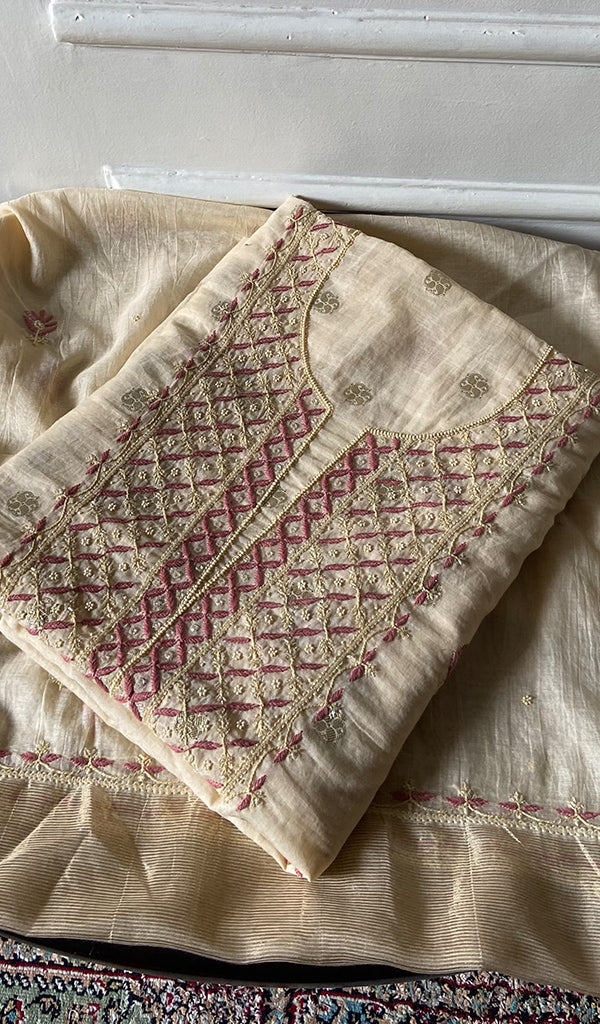 Women's Lakhnavi Handcrafted Chanderi Silk Unstitched Chikankari Full Suit - HONC0352032