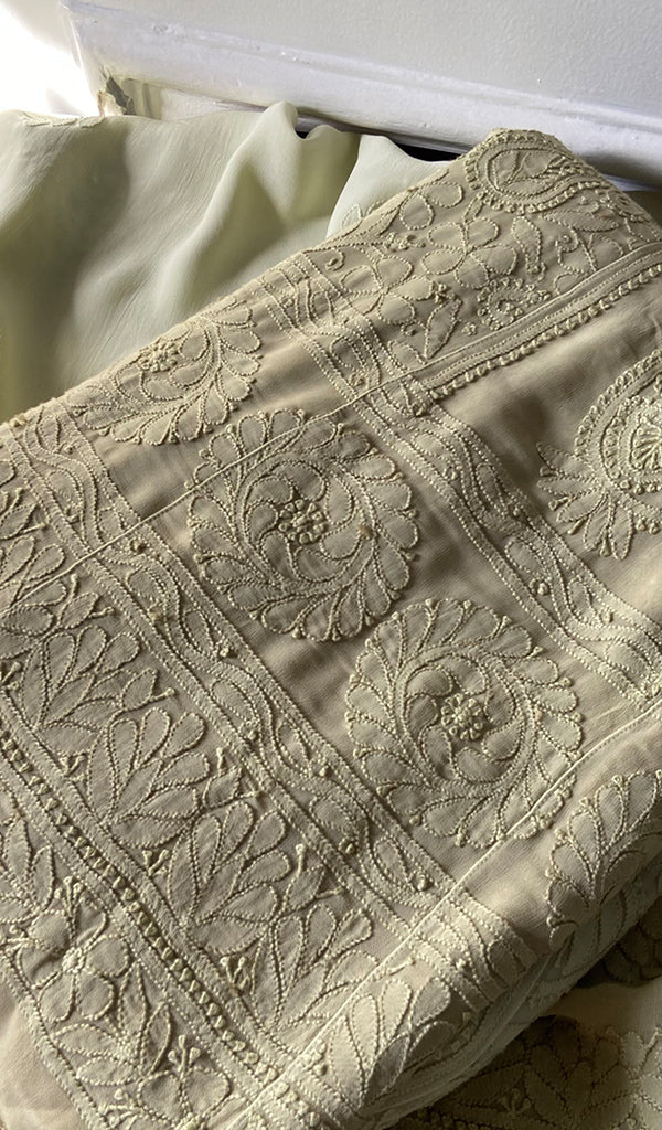 Women's Lakhnavi Handcrafted Viscose Georgette Semi - Stitched Chikankari Anarkali 3pc Set - HONC0358492