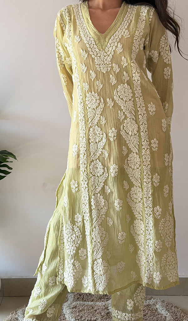 Women's Lucknowi Handcrafted Mul Chanderi Stitched Chikankari Kurta And Plazzo Set-  HONC0378818