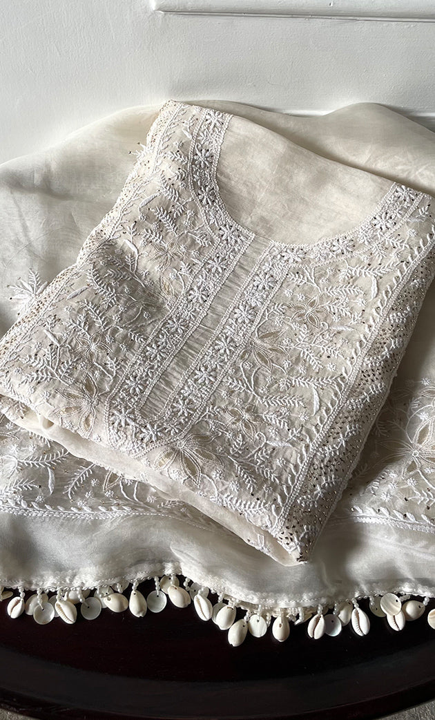 Women's Lakhnavi Handcrafted Pure Organza Chikankari Unstitched Kurta And Dupatta Set- HONC0320492