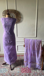 Women's Lakhnavi Handcrafted Mul Chanderi Unstitched Chikankari Full Suit .