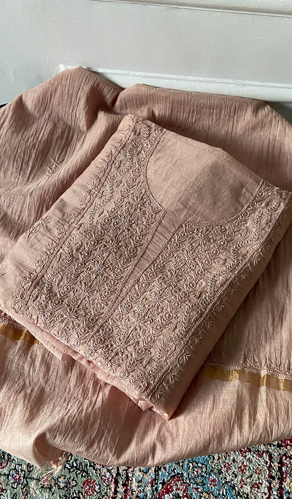 Women's Lakhnavi Handcrafted Chanderi Silk Unstitched Chikankari Full Suit - HONC0367195