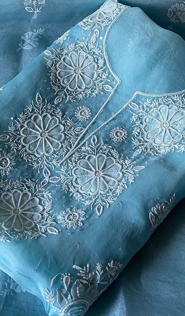 Women's Lakhnavi Handcrafted Pure Organza Chikankari Unstitched Kurta And Dupatta Set- HONC0351154