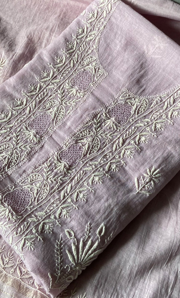 Women's Lakhnavi Handcrafted Mul Chanderi Unstitched Chikankari Full Suit Material - HONC0305158