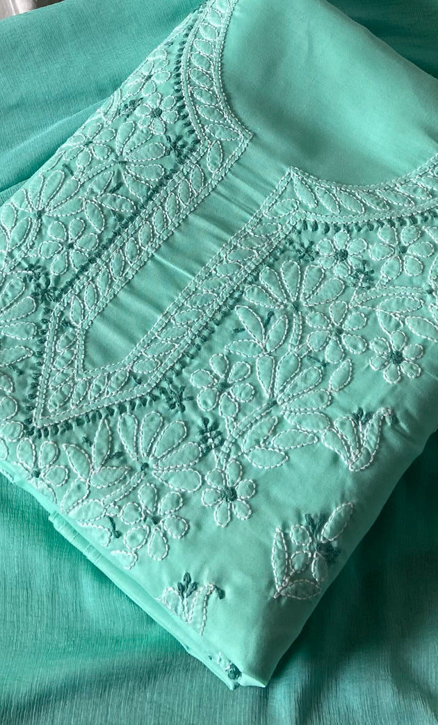 Women's Lakhnavi Handcrafted Unstitched Cotton Chikankari Suit Material - HONC0316589