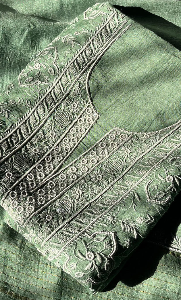 Women's Lakhnavi Handcrafted Munga Silk Chikankari Kurta And Dupatta Set- HONC0280941
