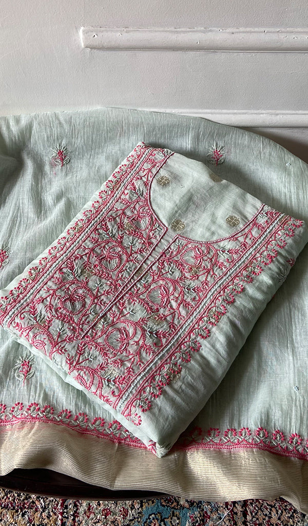 Women's Lakhnavi Handcrafted Mul Chanderi Unstitched Chikankari Full Suit - HONC03522040