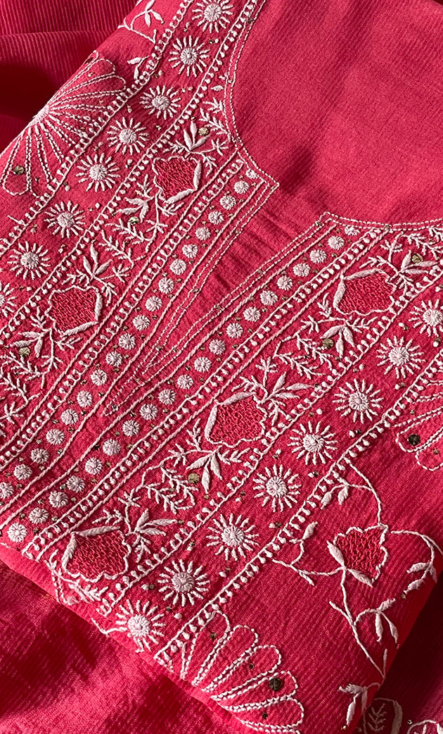 Women's Lakhnavi Handcrafted Maheshwari Mul Chanderi Unstitched Kurta And Dupatta Set - HONC0275135