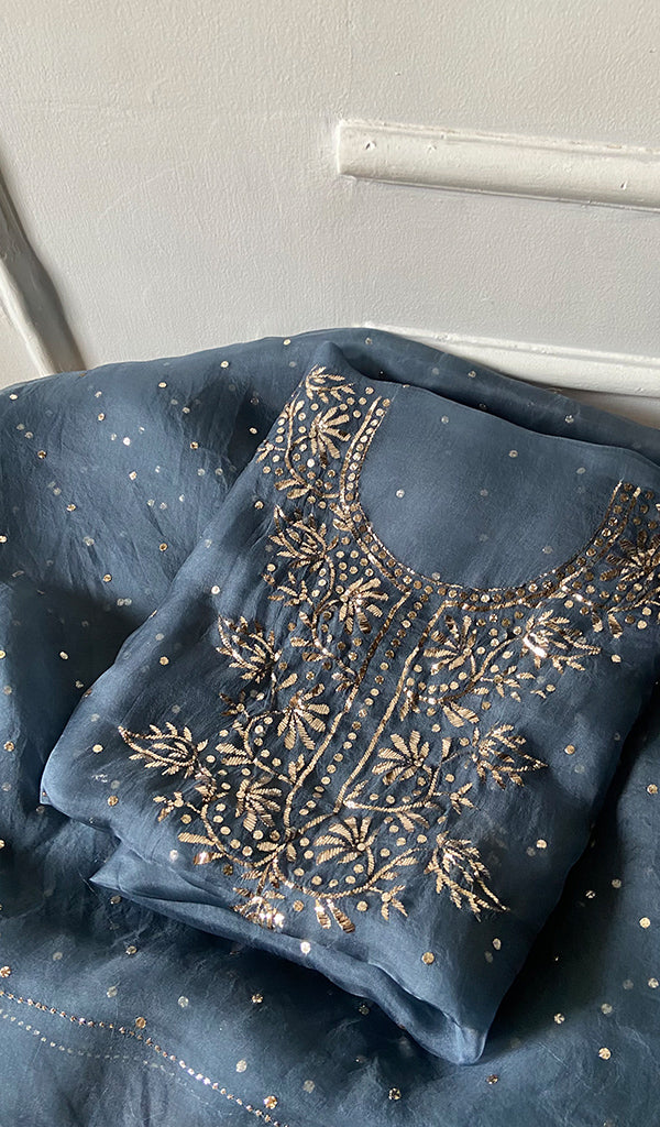 Marifa Women's Lakhnavi Handcrafted Pure Organza Chikankari Unstitched Kurta And Dupatta Set- HONC0362251