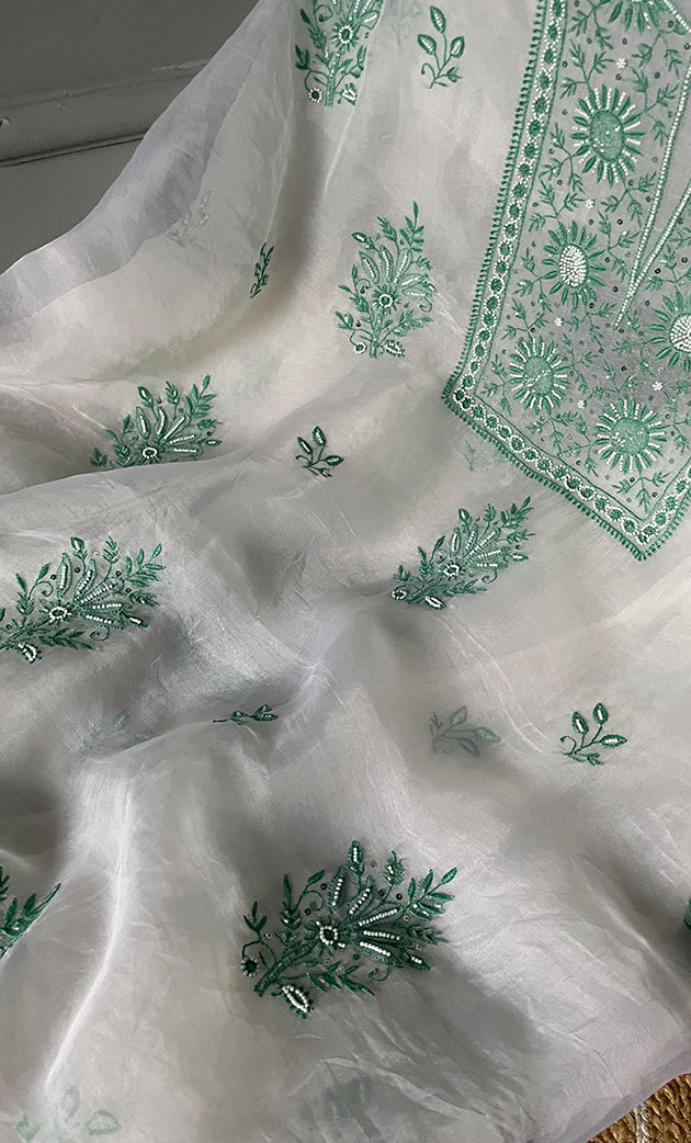 Women's Lakhnavi Handcrafted Pure Organza Chikankari Unstitched Kurta And Dupatta Set- HONC0297174