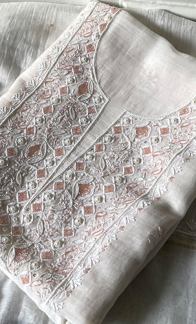 Women's Lakhnavi Handcrafted Unstitched Mul Chanderi Kurta And Dupatta Set - HONC0323593