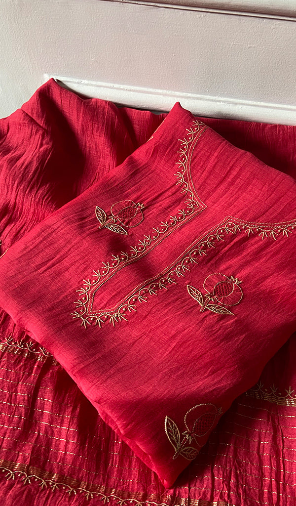 Women's Lakhnavi Handcrafted Mul Chanderi Unstitched Kurta And Dupatta Set- HONC0345264