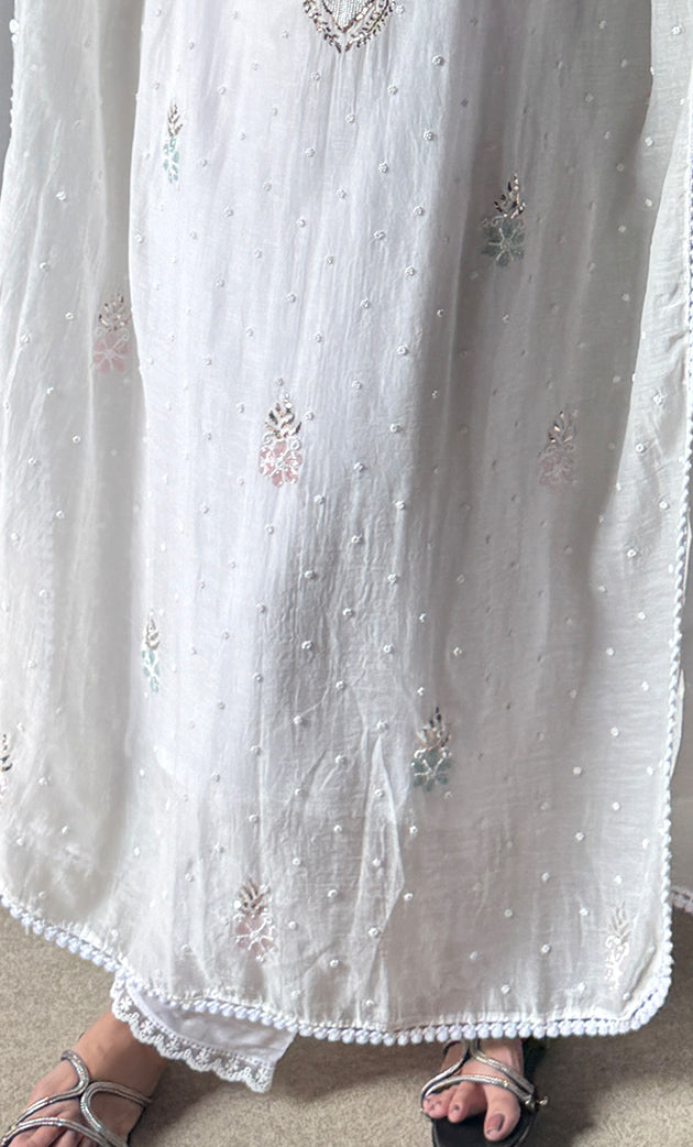 Rabia Women's Lucknowi Handcrafted Mul chanderi Chikankari Kaftan - HONC0301648