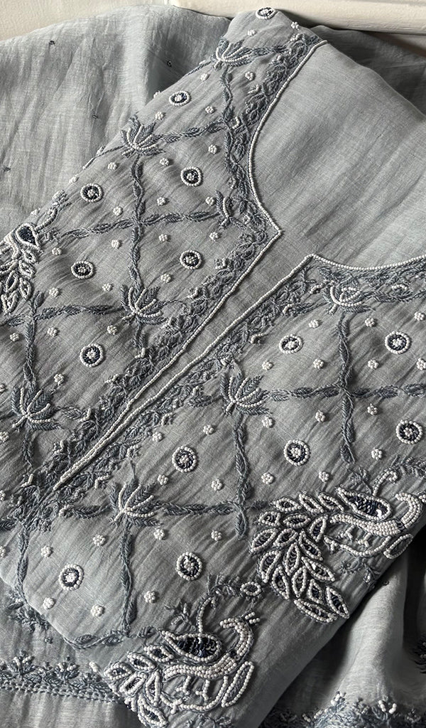Shirin Women's Lakhnavi Handcrafted Mul Chanderi Unstitched Chikankari Full Suit Material - HONC0339565