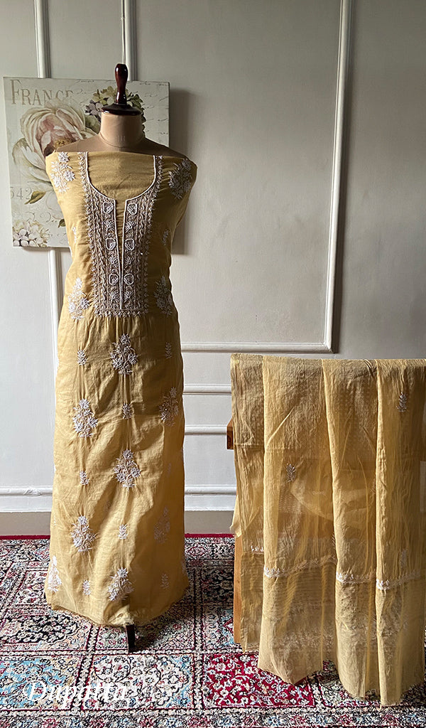 Women's Lakhnavi Handcrafted Mul Chanderi Unstitched Chikankari Full Suit Material - HONC0334957