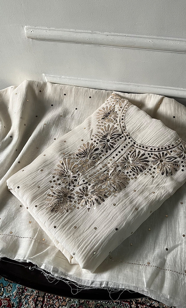 Women's Lakhnavi Handcrafted Mul Chanderi Unstitched Kurta And Dupatta Set- HONC0338716