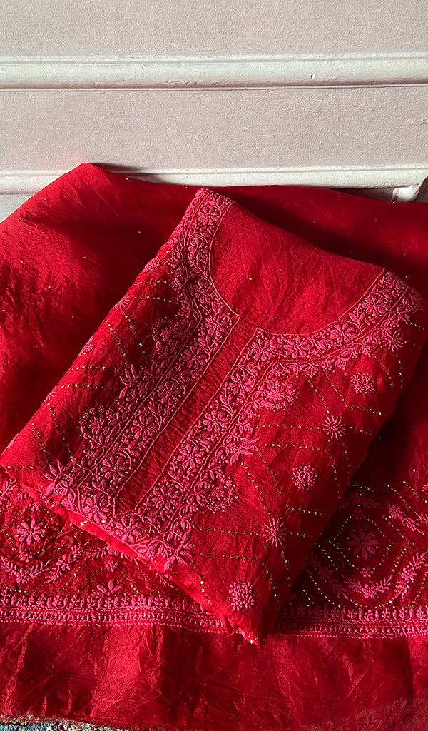 Rubi Women's Lakhnavi Handcrafted Pure Organza Chikankari Unstitched Kurta And Dupatta Set- HONC0351784