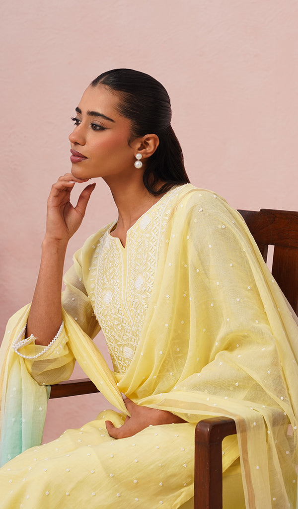 Jazba Women's Lakhnavi Handcrafted Mul Chanderi Chikankari Stitched Kurta, Dupatta And Pant Set - HONC0469874