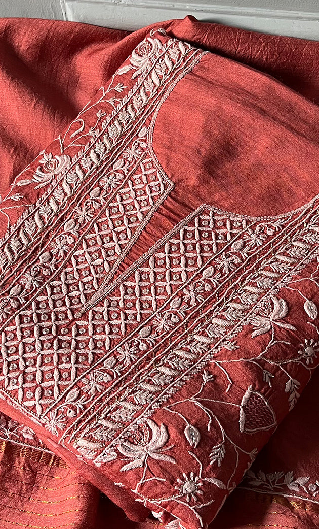Women's Lakhnavi Handcrafted Munga Silk Chikankari Kurta And Dupatta Set- HONC0282386
