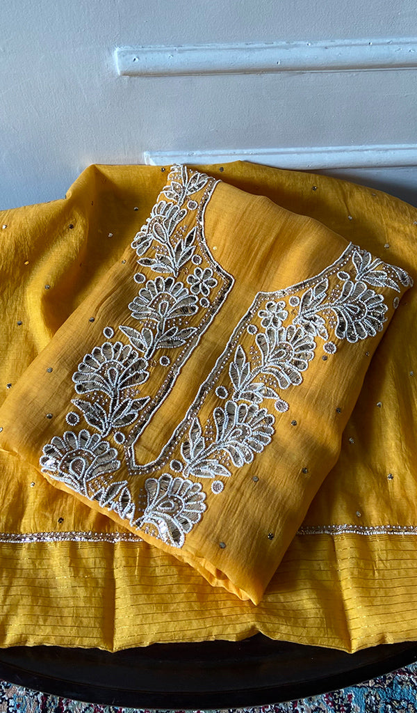 Nyla Women's Lakhnavi Handcrafted Mul Chanderi Unstitched Chikankari Kurta and Dupatta Set- HONC0353146