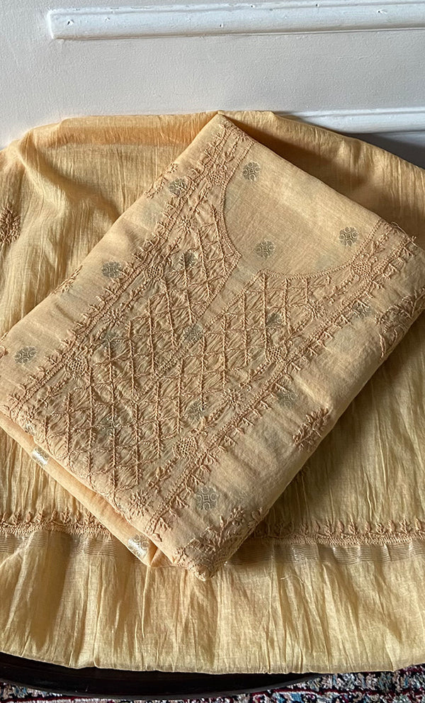 Women's Lakhnavi Handcrafted Mul Chanderi Unstitched Chikankari Full Suit Material - HONC0316860