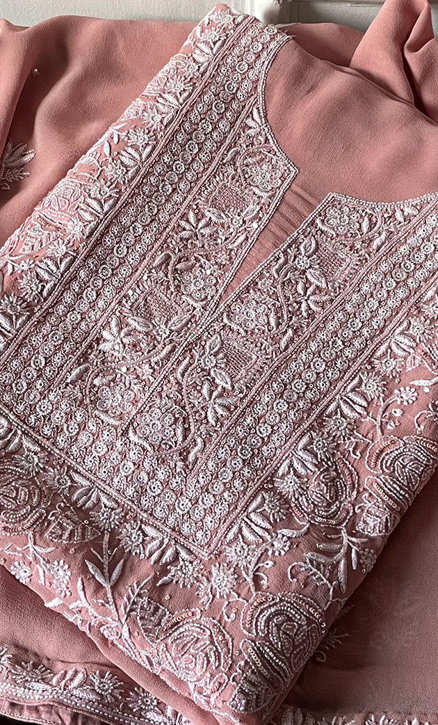 Women's Lakhnavi Handcrafted Pure Silk Georgette Chikankari Kurta And Dupatta Set- HONC0290999