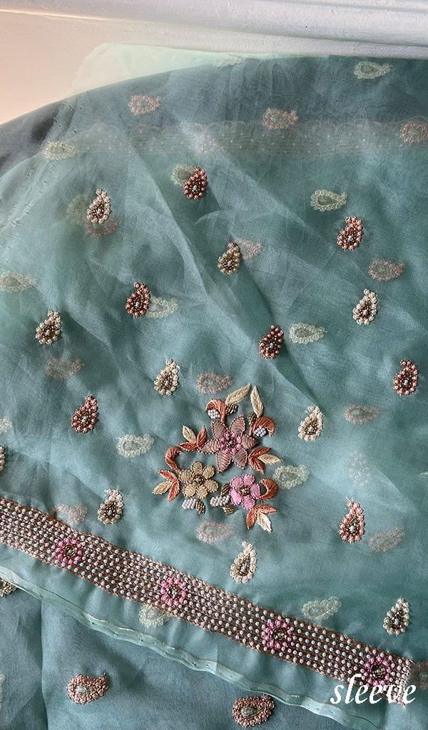 Women's Lakhnavi Handcrafted Pure Organza Chikankari Unstitched Kurta And Dupatta Set- HONC0290506