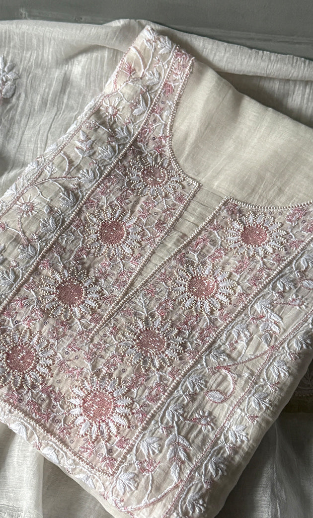 Women's Lakhnavi Handcrafted Mul Chanderi Unstitched Kurta And Dupatta Set- HONC0304350