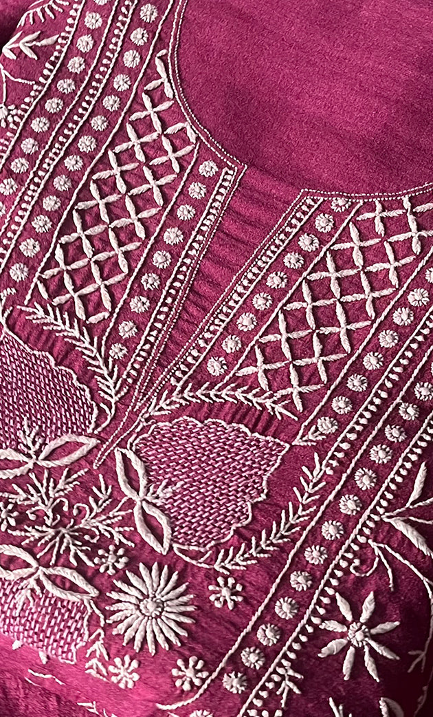Women's Lakhnavi Handcrafted Munga Silk Chikankari Kurta And Dupatta Set- HONC0264872