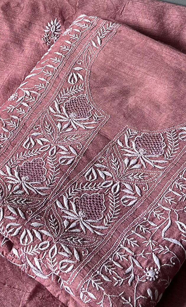 Women's Lakhnavi Handcrafted Munga Silk Chikankari Kurta And Dupatta Set- HONC0280929