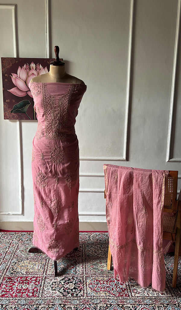 Aseel Women's Lakhnavi Handcrafted Mul Chanderi Unstitched Chikankari Full Suit - HONC0351092