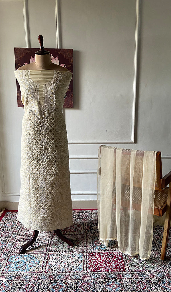 Women's Lakhnavi Handcrafted Cotton Unstitched Chikankari Suit Material - HONC0367380