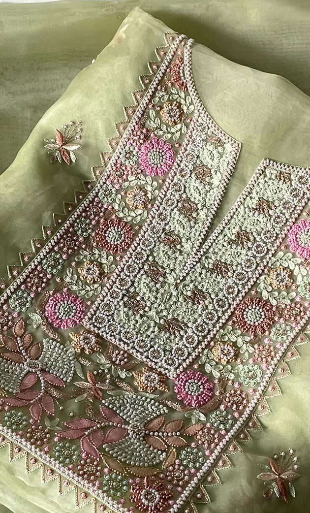 Women's Lakhnavi Handcrafted Pure Organza Chikankari Unstitched Kurta And Dupatta Set- HONC0237139