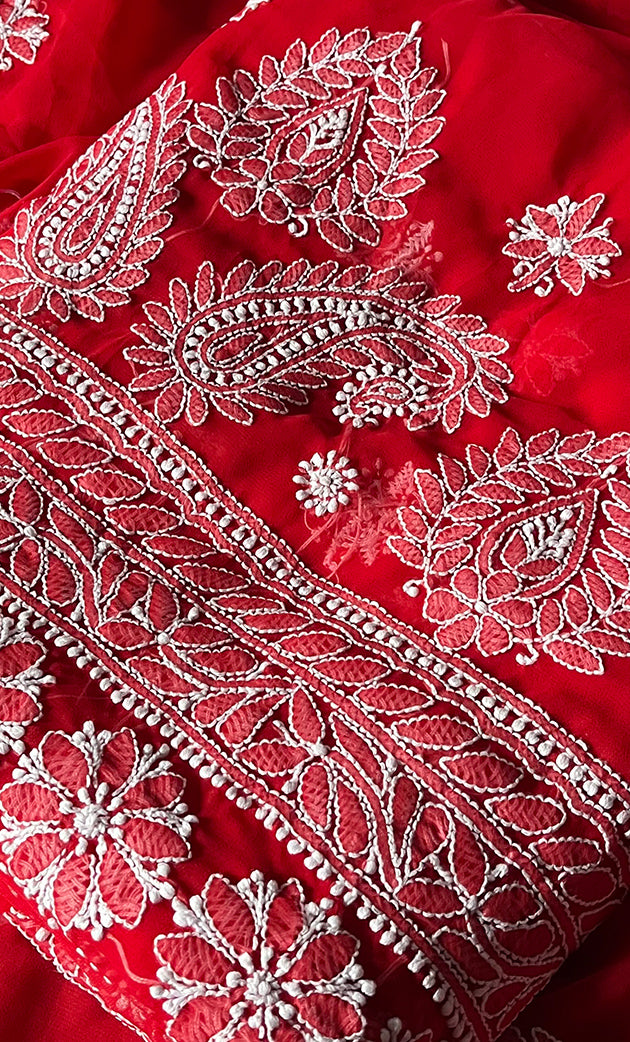 Women's Lakhnavi Handcrafted Unstitched Faux-Georgette Chikankari Suit Material - HONC0311928