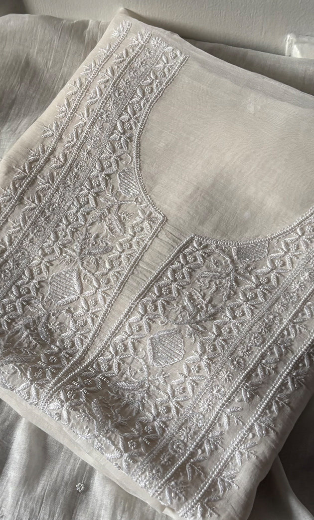 Women's Lakhnavi Handcrafted Unstitched Mul Chanderi Kurta And Dupatta Set - HONC0327485