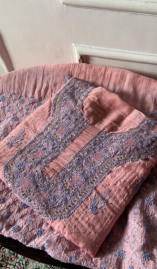 Women's Lakhnavi Handcrafted Mul Chanderi Unstitched Kurta And Dupatta Set - HONC0320355