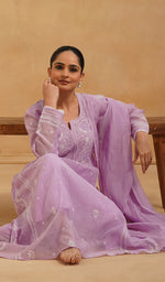 Load image into Gallery viewer, Women's Lakhnavi Handcrafted Mul Chanderi Chikankari Stitched Kurta, Dupatta And Pant Set - HONC0565464