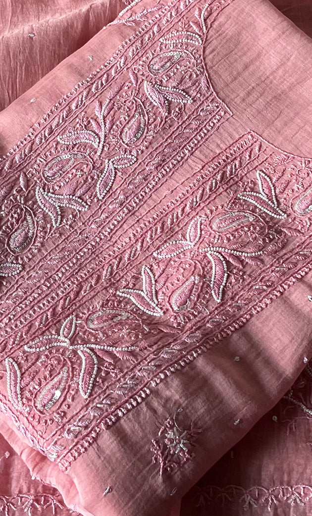 Women's Lakhnavi Handcrafted Unstitched Mul Chanderi Kurta And Dupatta Set - HONC0324071